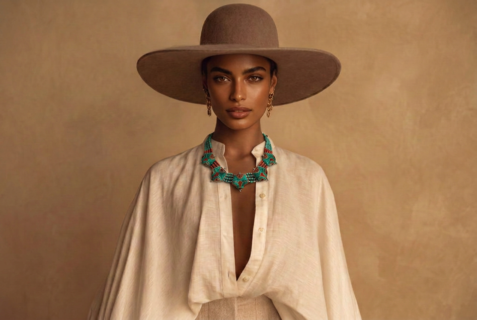 A woman wearing a wide-brimmed hat, a beige cape-style top or shawl, and colorful jewelry including earrings and a bead necklace, standing against a neutral background.