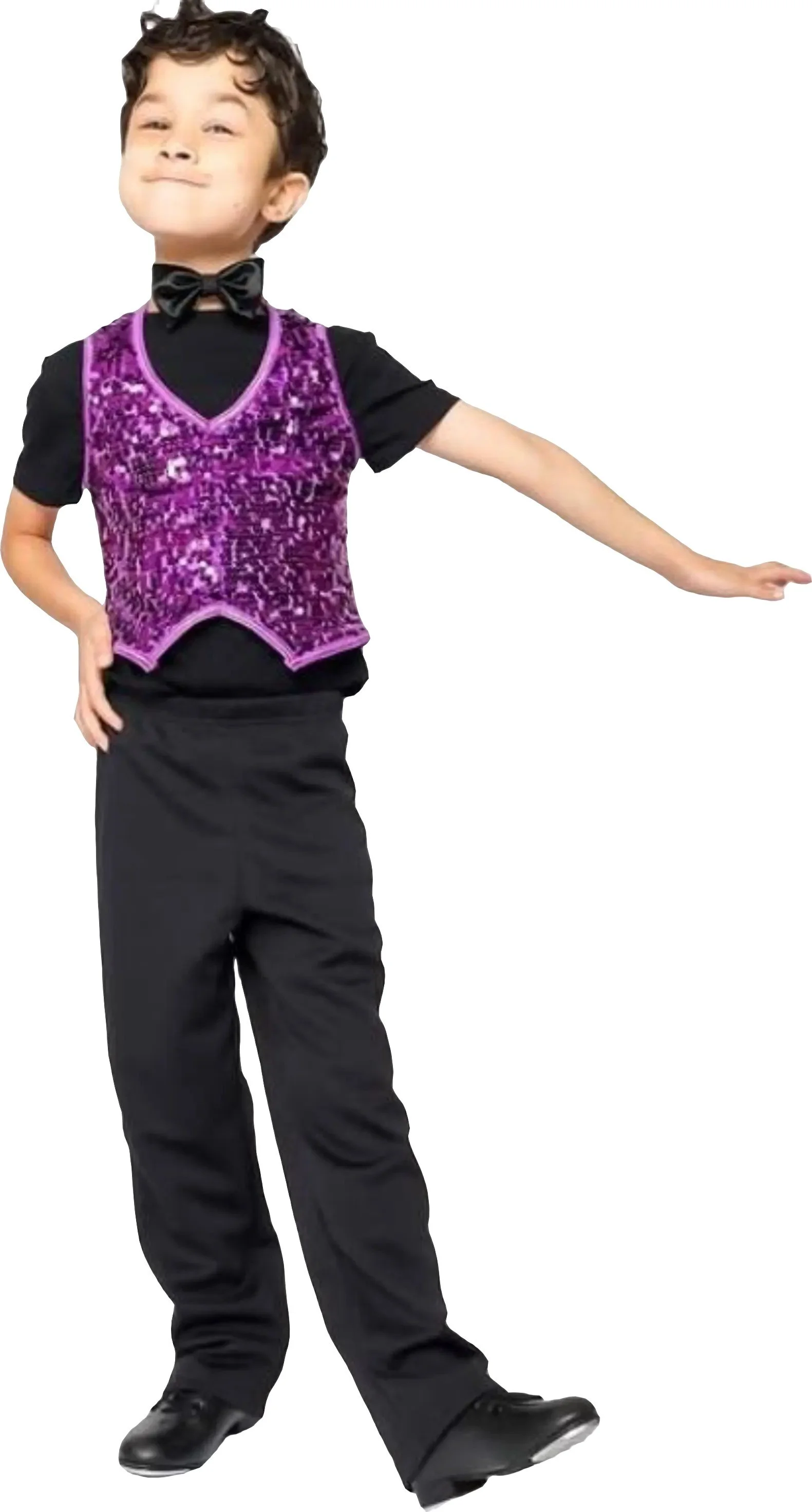 A young boy dressed as a performer in a black shirt, black pants, and a purple sequined vest with a black bow tie, striking a pose with one arm extended and a confident smile.