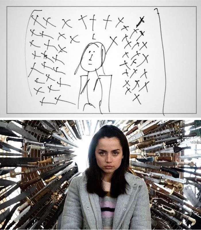 Storyboard and final shot of Marta (Ana de Armas) surrounded by knives