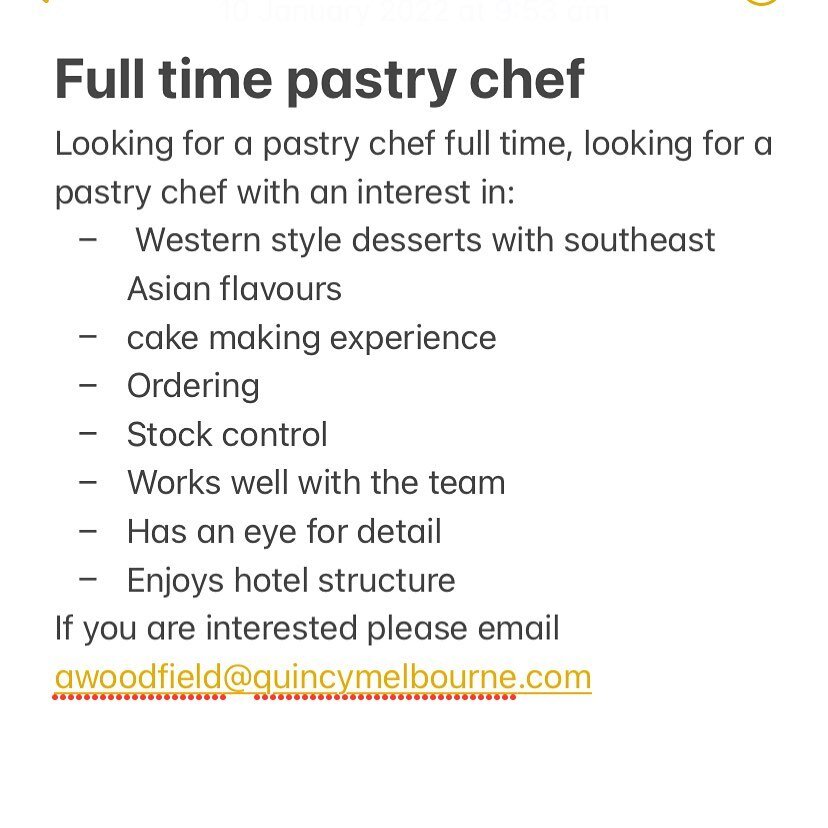 Quincy hotel is looking for a full time pastry chef.. Hit me up.. #quincymelbourne #pastrychef #fulltime