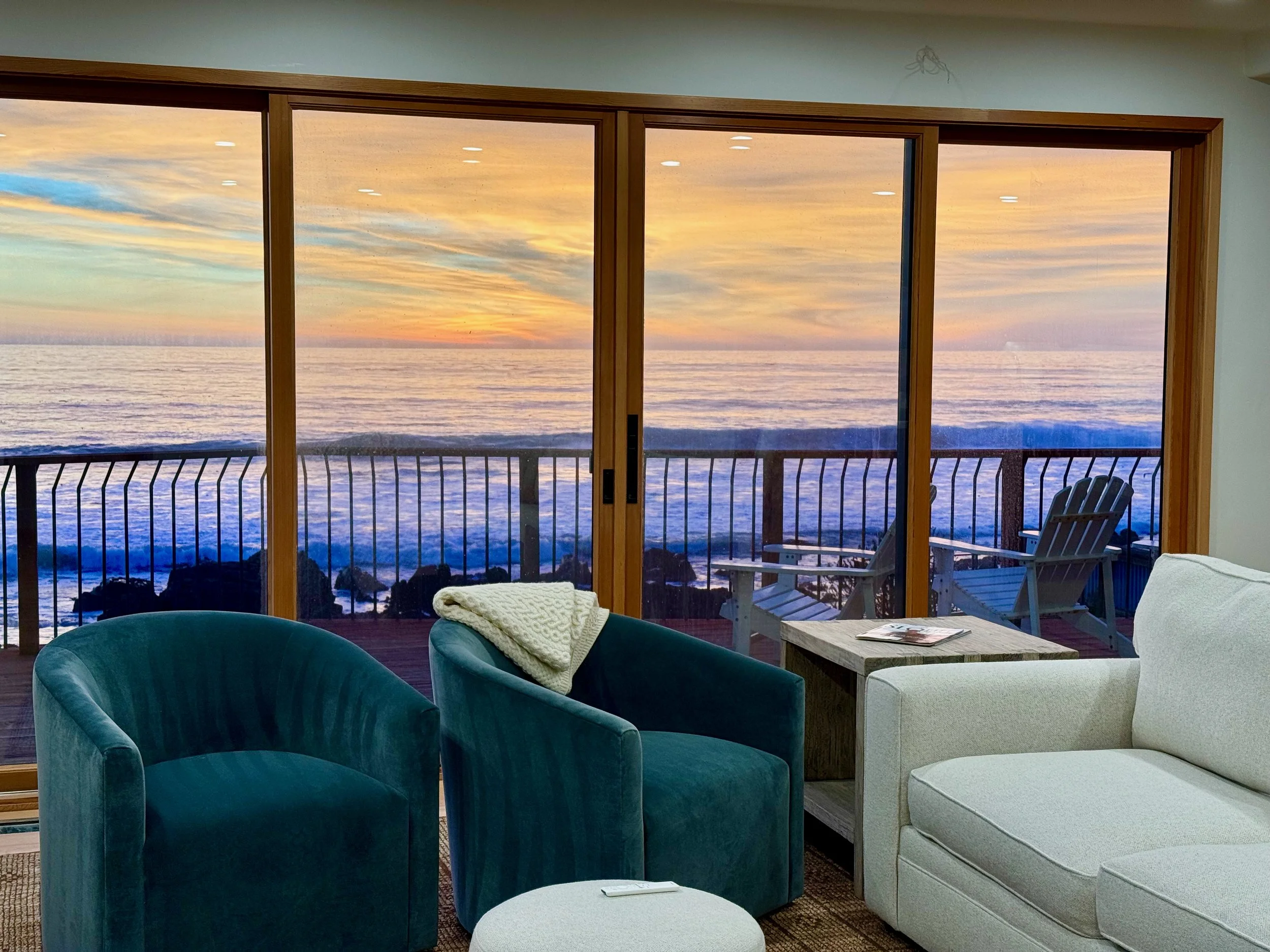 Another lovely sunset from the living room which has motorized sun shades and air conditioning for warm days.