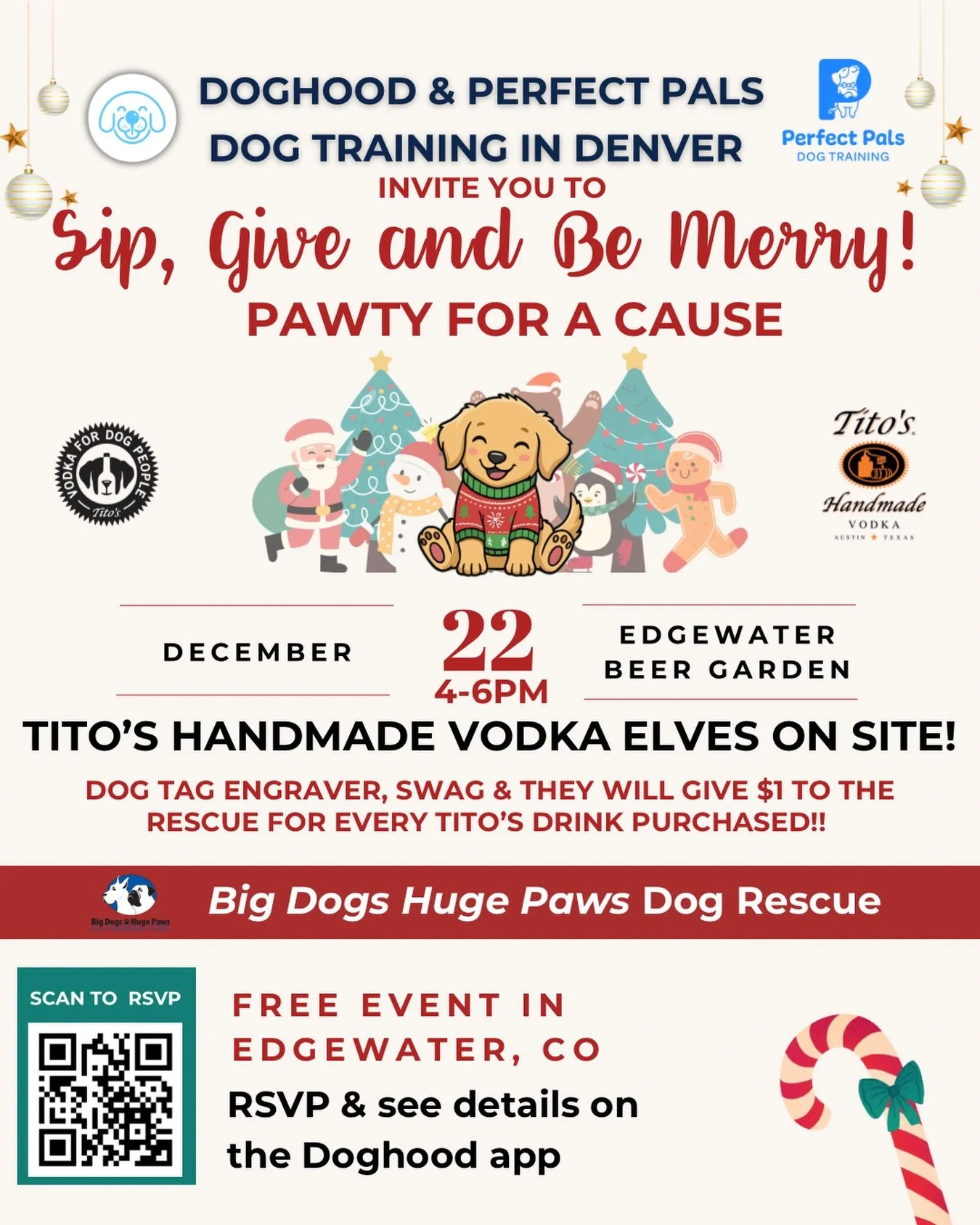 ❤️ Sip, Give &amp; Be Merry! 

🐶 A Holiday Yappy Hour with Tito&rsquo;s Handmade Vodka Elves to help raise money and supplies for Big Dogs Huge Paws! 
✅ Dog Tag Engraver 
✅Tito&rsquo;s Swag
💝Tito&rsquo;s will give $1 to @big_dogs_huge_paws_inc for 