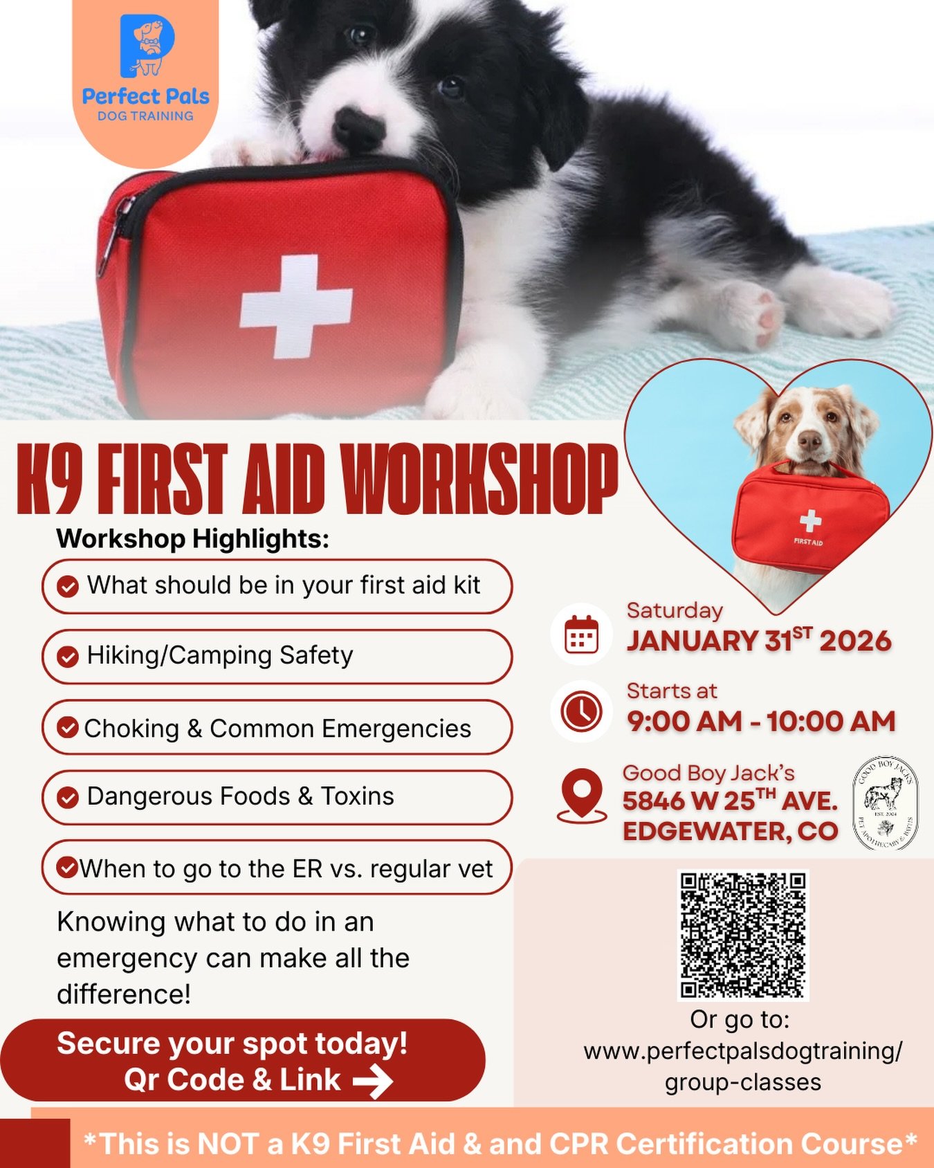 🚨 K9 First Aid Workshop for Pet Parents 🐶🩺

🤔 Would you know what to do if your dog started choking?
Overheated/ got bit by a snake on a hike?
Got into something they shouldn&rsquo;t have?

Join us @goodboyjacksco for a K9 First Aid workshop lead