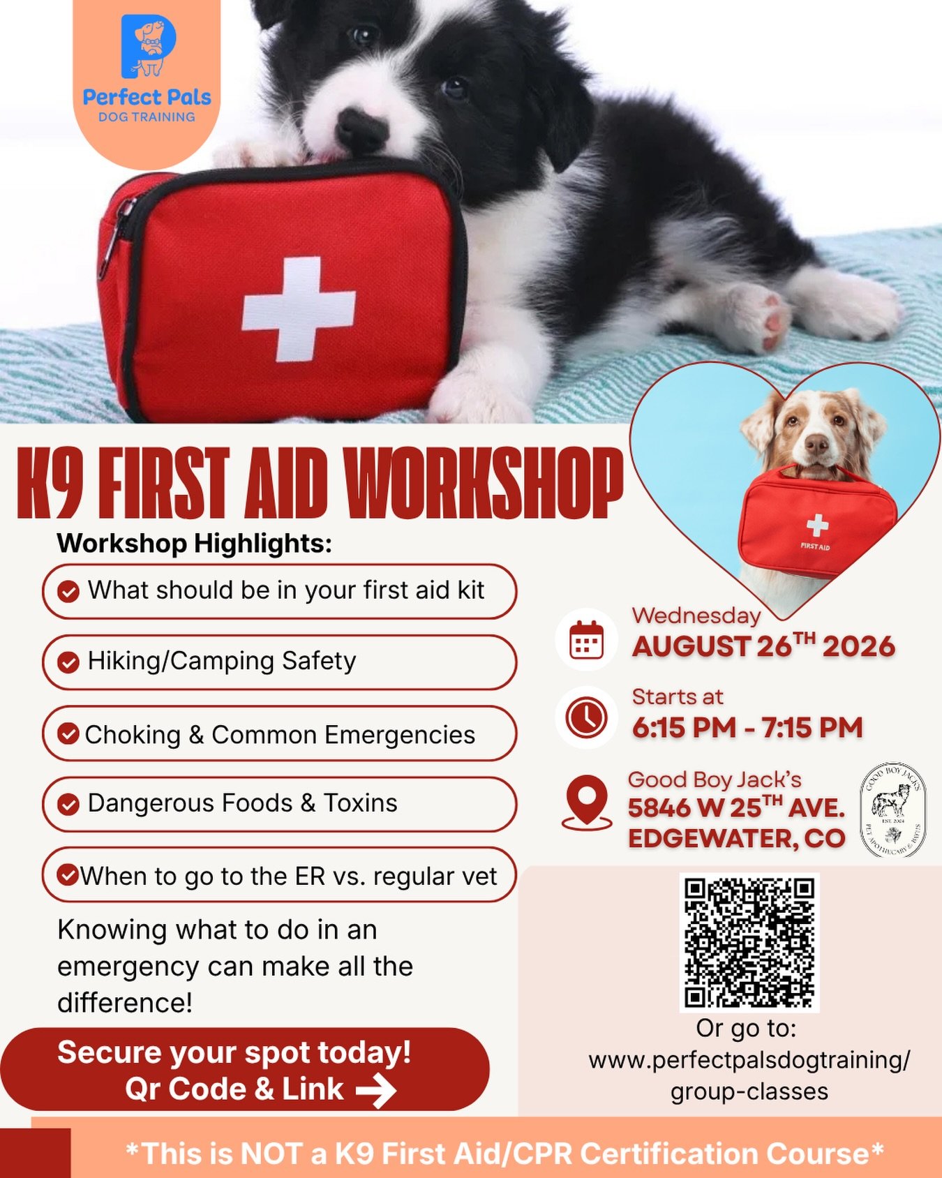 🚨 K9 First Aid Workshop for Pet Parents 🐶🩺

🤔 Would you know what to do if your dog started choking?
Overheated/ got bit by a snake on a hike?
Got into something they shouldn&rsquo;t have?

Join us @goodboyjacksco for a K9 First Aid workshop lead