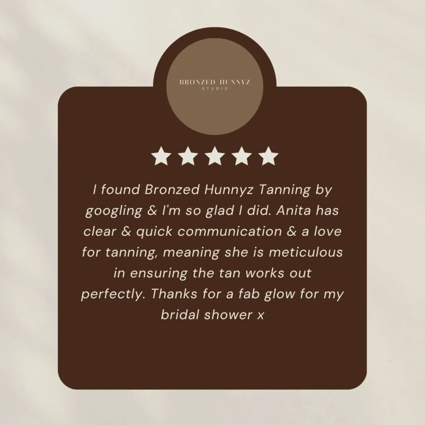 5 star reviews like this never get old 🤍 

I care so much about every detail of your spray tan, from the colour, to the fade &amp; how you feel walking out the door. 

Beautiful, believable tans that look natural, wear evenly &amp; leave you feeling