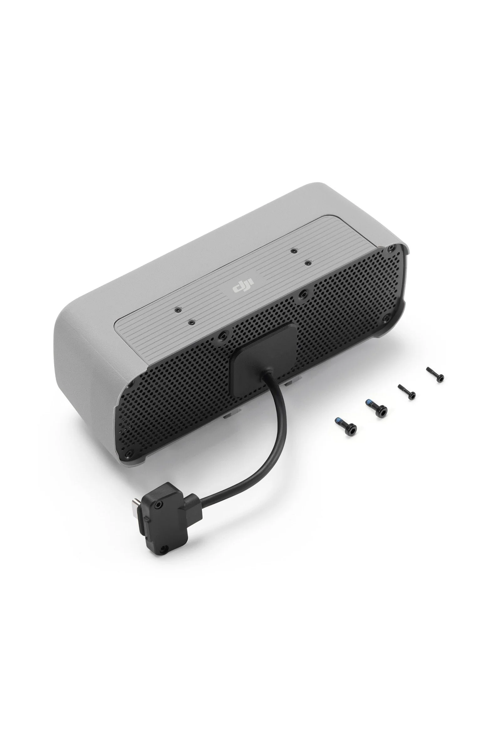 DJI AS2D drone loudspeaker from above, with its perforated grille, accessory cable and four screws