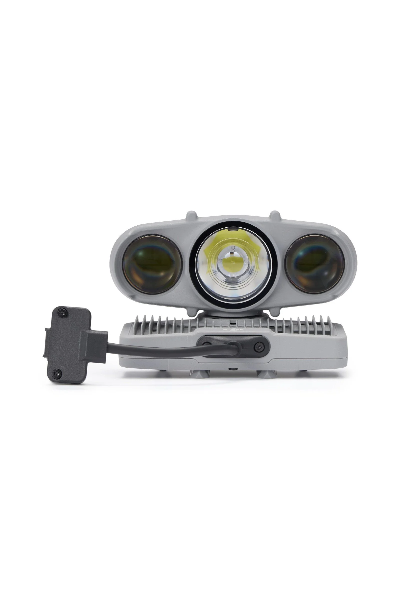 DJI AL2D spotlight front view with its centre LED lit, for lighting targets during night security patrols