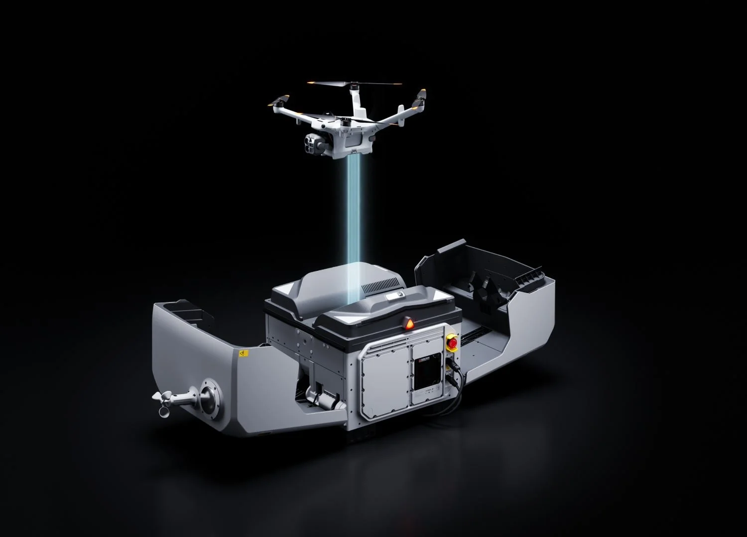 DJI Dock 4 open with the Matrice 5TD above it transferring data