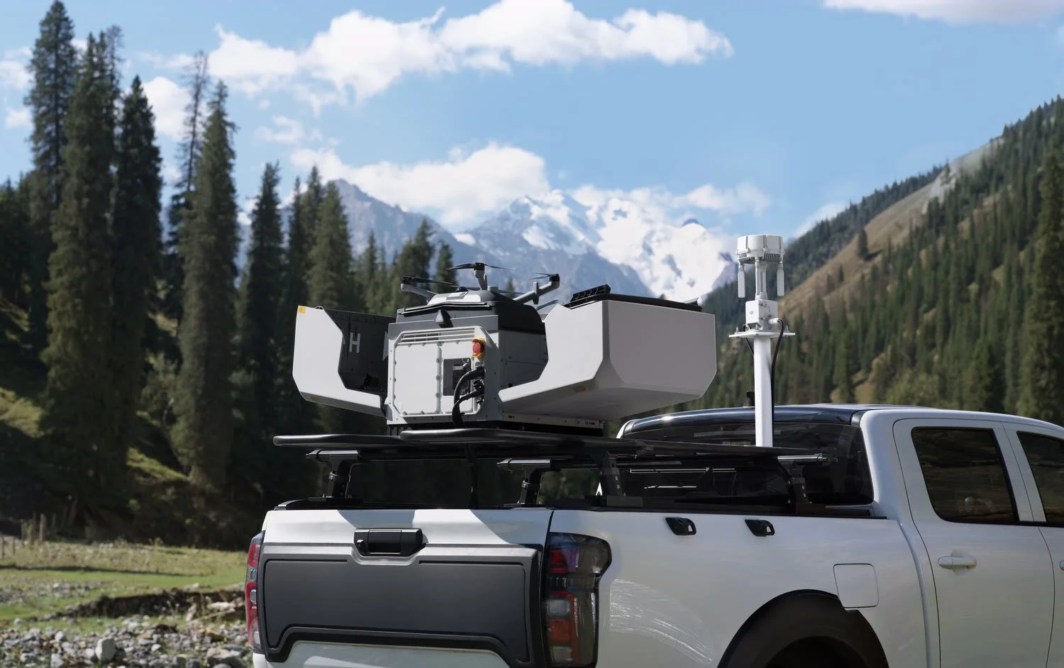 DJI Dock 4 mounted on a pickup truck (ute) with the cover open