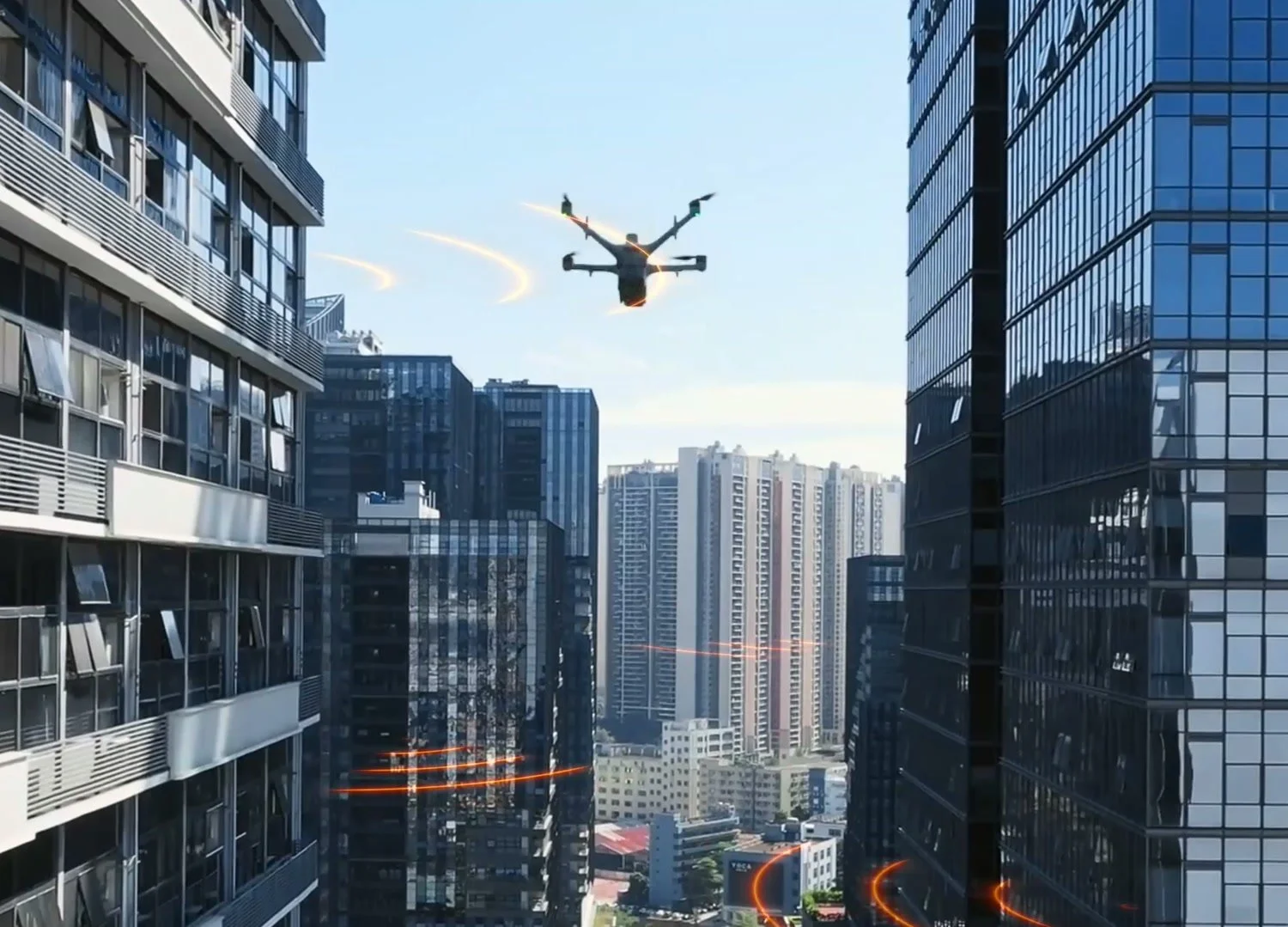 Matrice 5TD flying between high-rise buildings with signal arcs