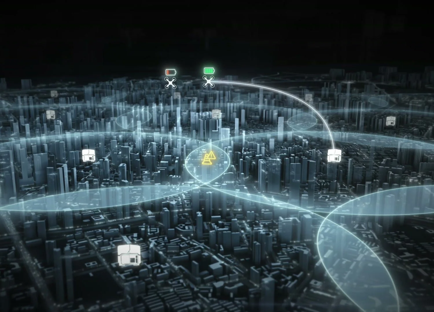 City map with overlapping Dock 4 coverage areas and a flight path between docks