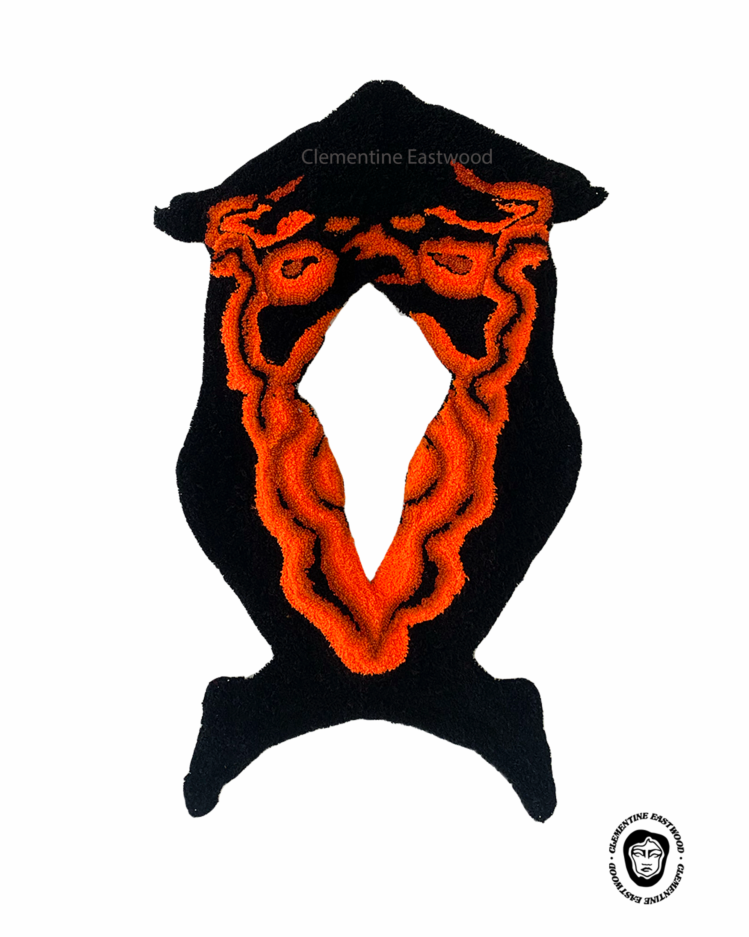 Distortion of the self: My arched of hysteria tufted piece acrylic yarn cut pile 128cmx69cm Piece designed by Clementine Eastwood