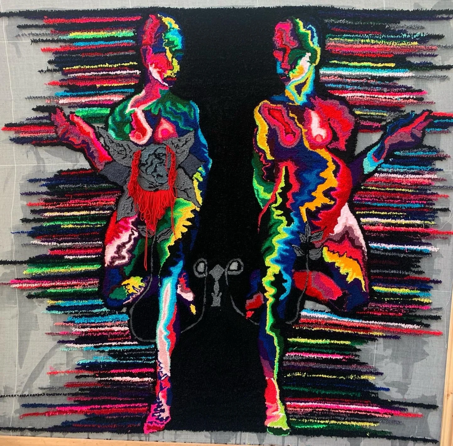 INVOcell; First lesbian couple to both carry the same baby
Acrylic yarn 
loop and cut pile 
Around 2m x 2m
This piece is designed by Clementine Eastwood