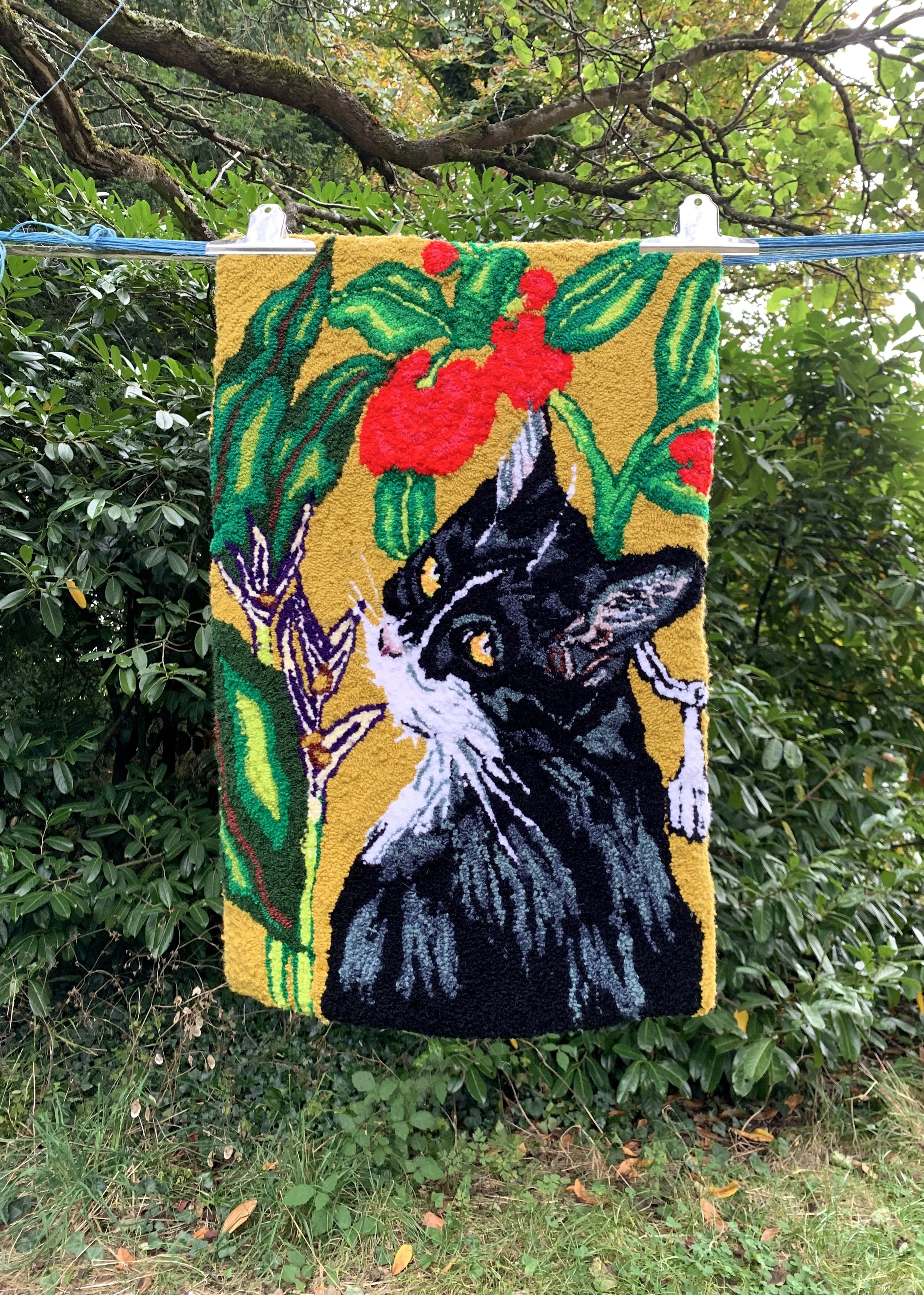 "Stripe" acrylic yarn loop pile 66.5 cm x 45 cm Piece inspired by one of my watercolour paintings of my cat Stripe. This rug is designed by Clementine Eastwood.