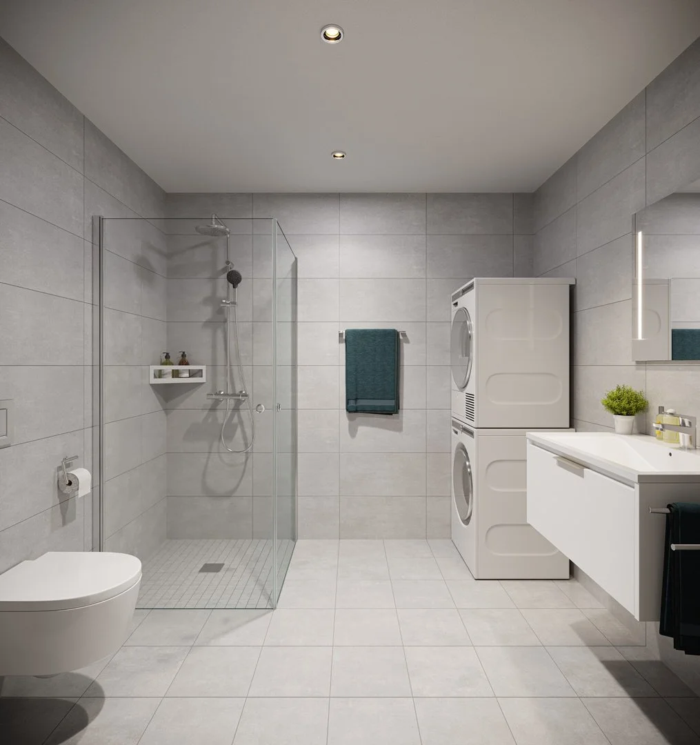 Badet har Paleo fliser fra RAK på vegger og gulv. Velg mellom flere farger og formater uten tillegg i prisen. Baderomsinnredningen er fra Svane.

Illustrasjon. Avvik fra leveransen kan forekomme.
