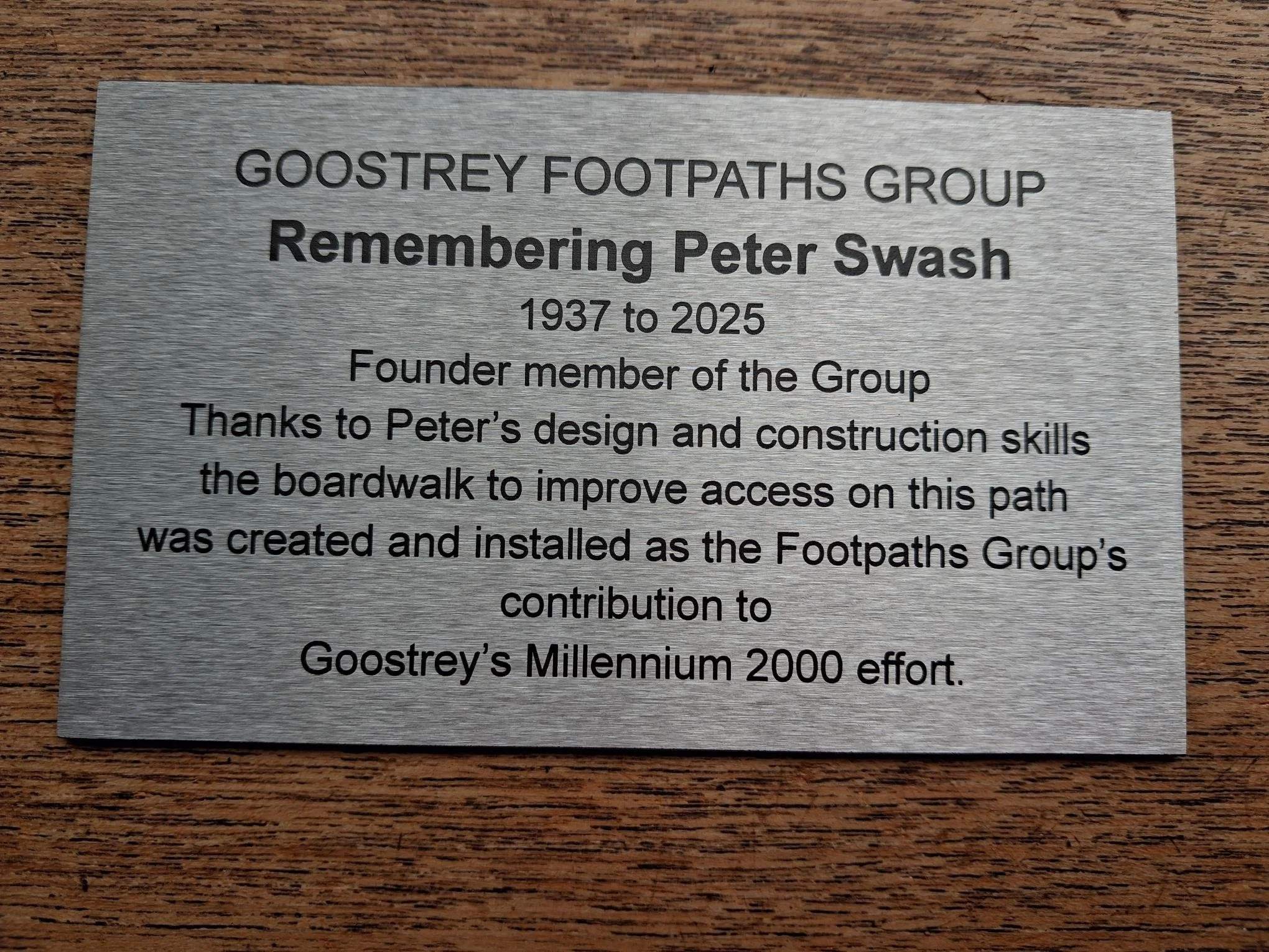 Memorial Plaque for Goostrey Footpaths Group member Peter Swash. 1937 - 2025