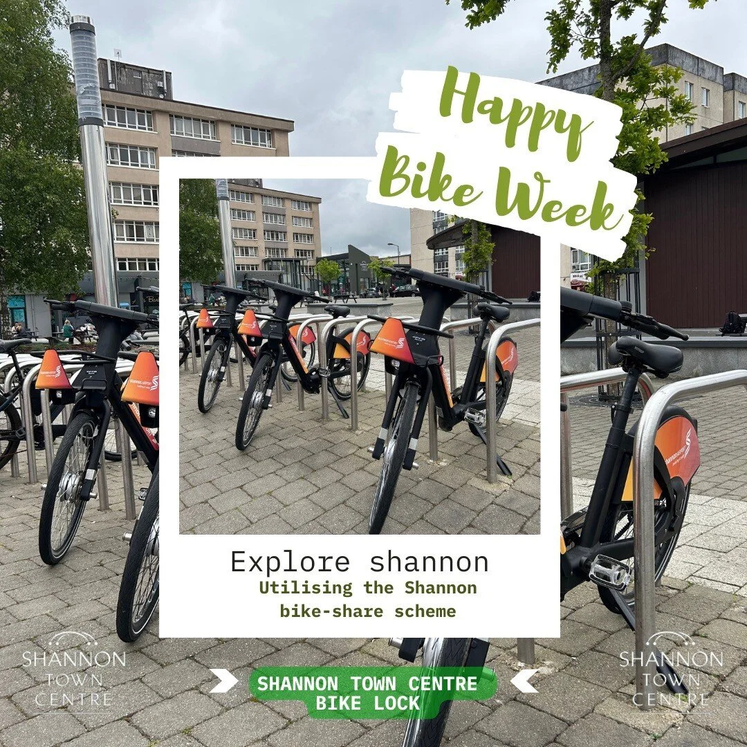 What's on your schedule this weekend ?? how about a bike trip.
Come celebrate bike week and utilise the Bike-share scheme here in Shannon Town Centre. Bike pick-up and drop off locations can be found across Shannon by using the comotion App. A great 