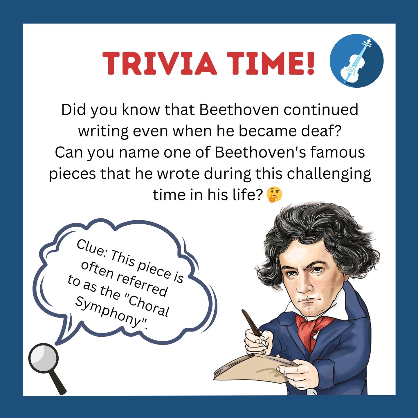 Did you know that Beethoven continued writing even when he became deaf? 

Question: Can you name one of Beethoven's famous pieces that he wrote during this challenging time in his life? 🤔

Clue: This piece is often referred
to as the &quot;Choral Sy