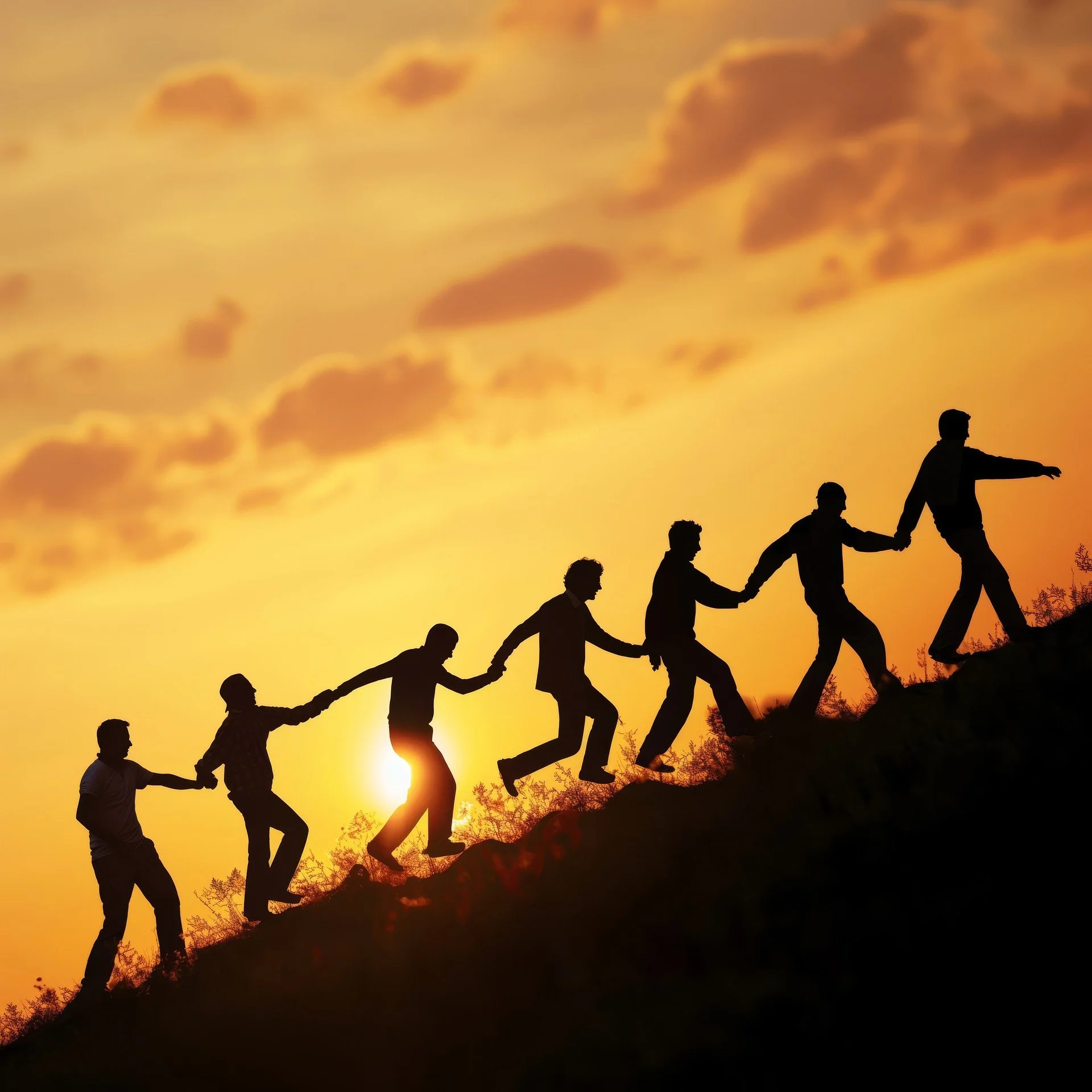 Image showing a group of people holding hands while walking up a hill.