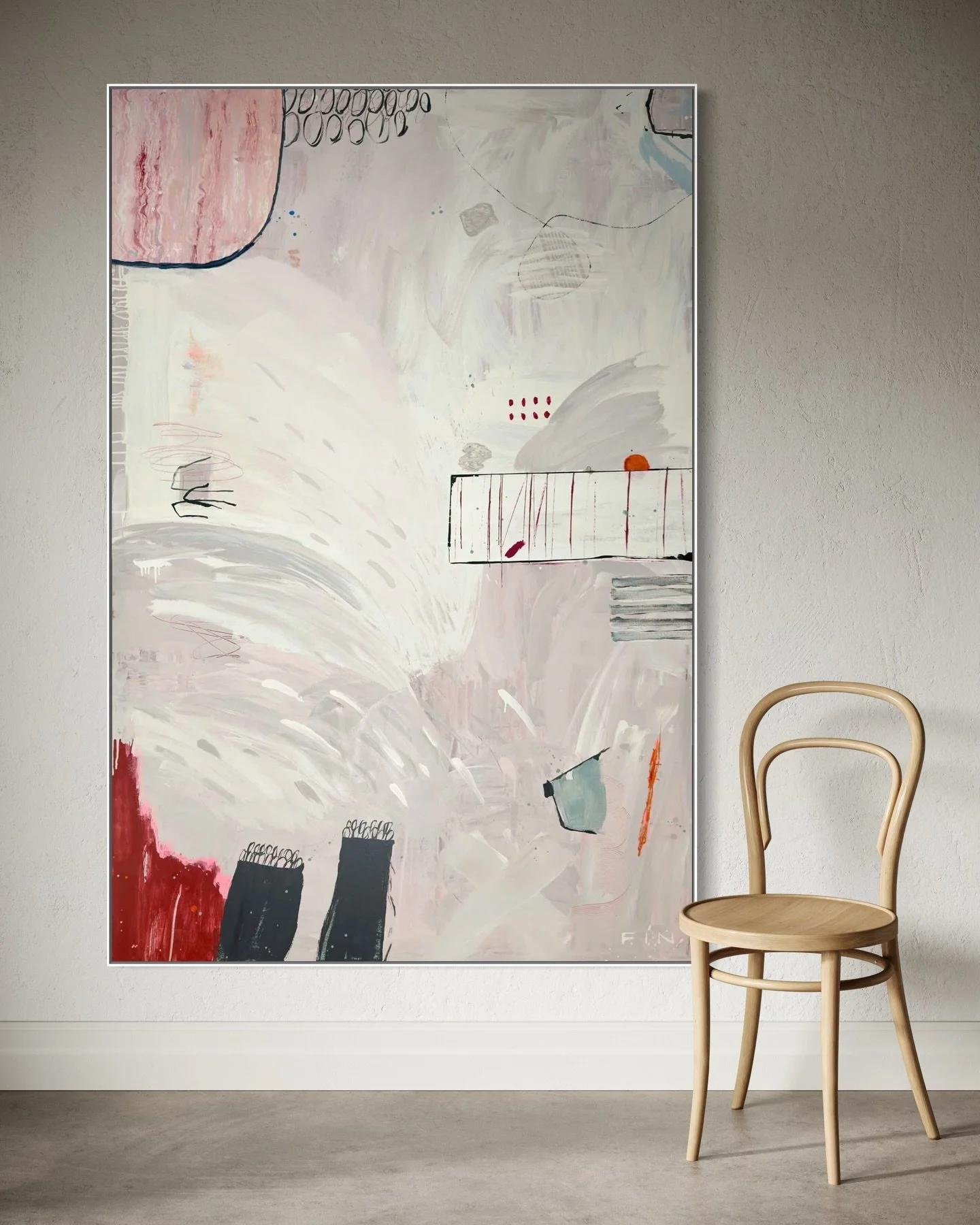 🆕 Down by the Water |  48x72 inches

A floaty, airy composition with a sense of place&mdash;neutrals drift and mingle, held together by subtle structure and punctuated with some bold marks. Minimal in temperament but rich in intention. The kind of p