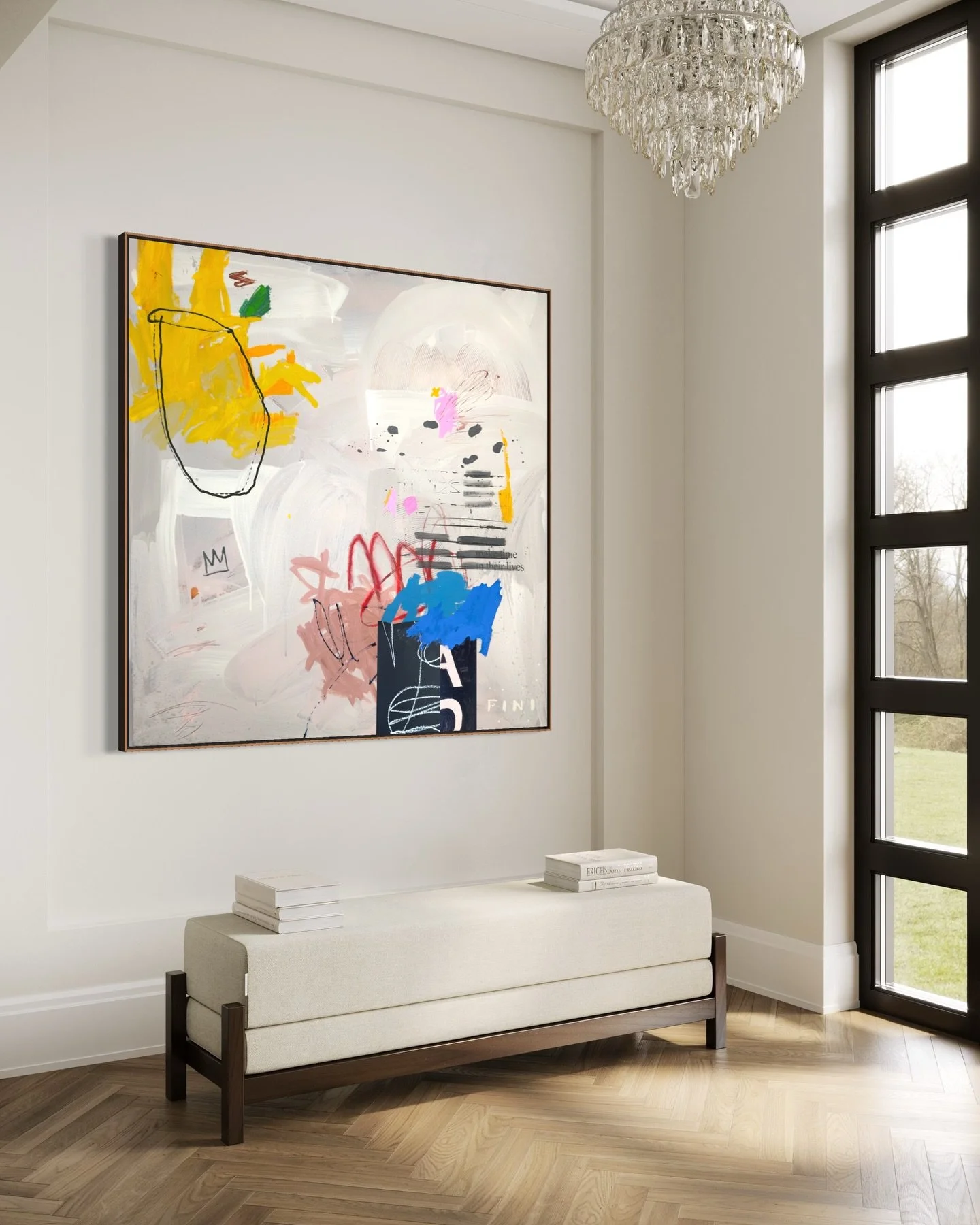 Sign of the Times
36x36 inches

I have a piece of art that&rsquo;s been in my home forever&mdash;my friend from college gave it to me. It has a page from the Savannah newspaper with the headline partially occluded: &ldquo;People make time in their li