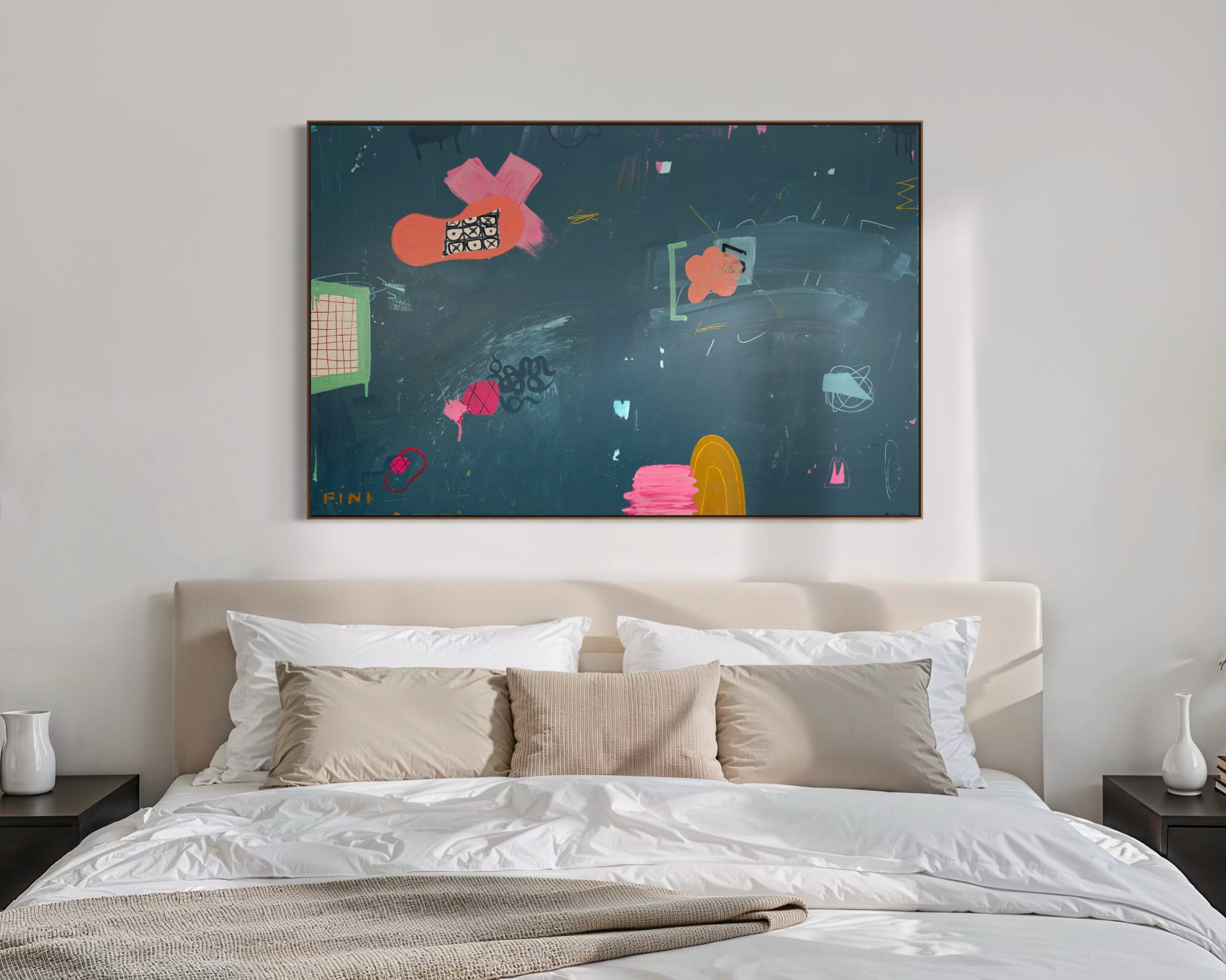 A bedroom with a bed, beige pillows, a black nightstand on each side, and a large framed abstract painting hanging on the wall above the headboard.