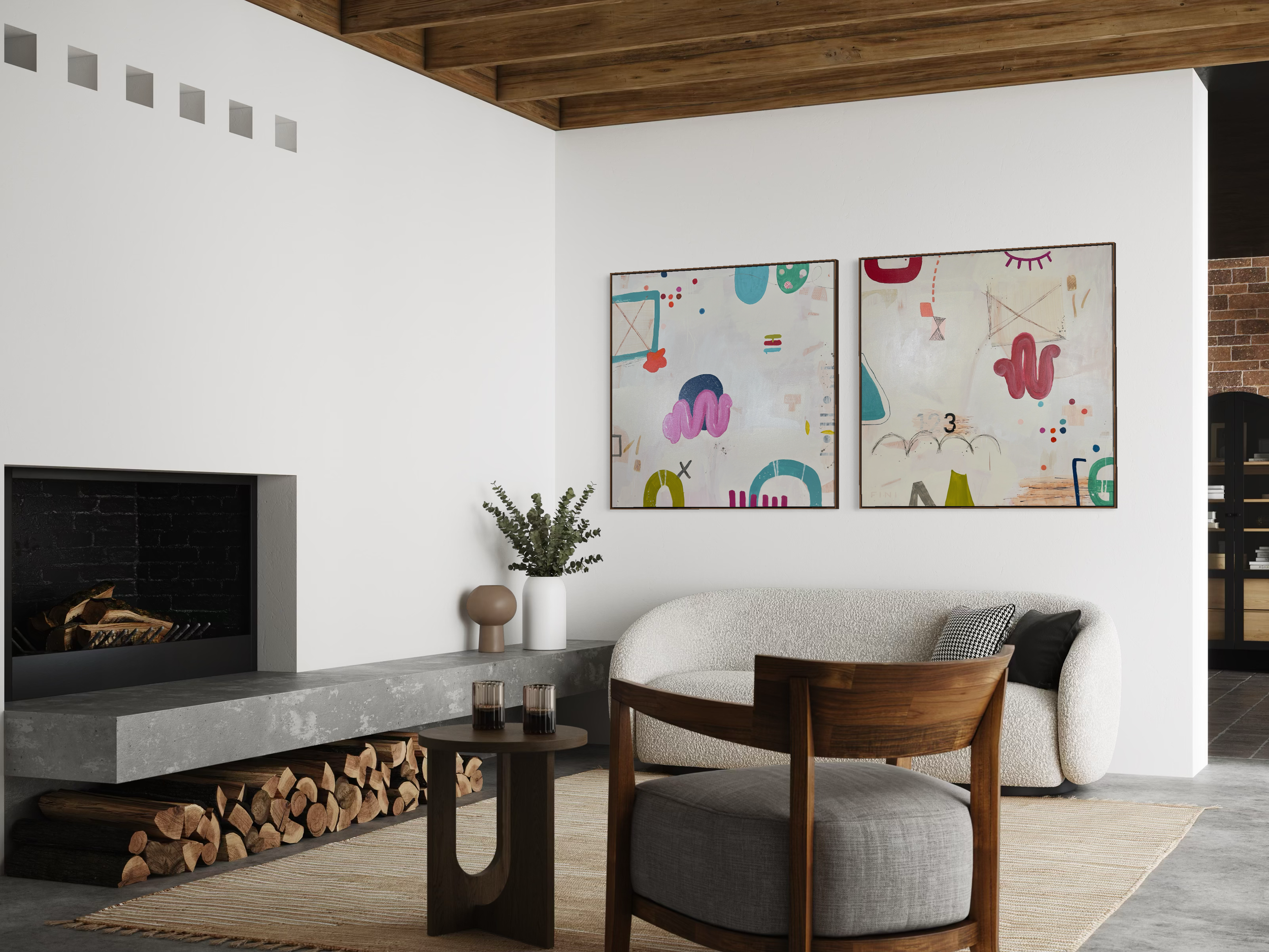 Living room with white walls, wood ceiling, abstract art on the wall, a fireplace, a sofa, a wooden chair, a round side table with two glasses, a rug, and a stacked wood storage under the fireplace.