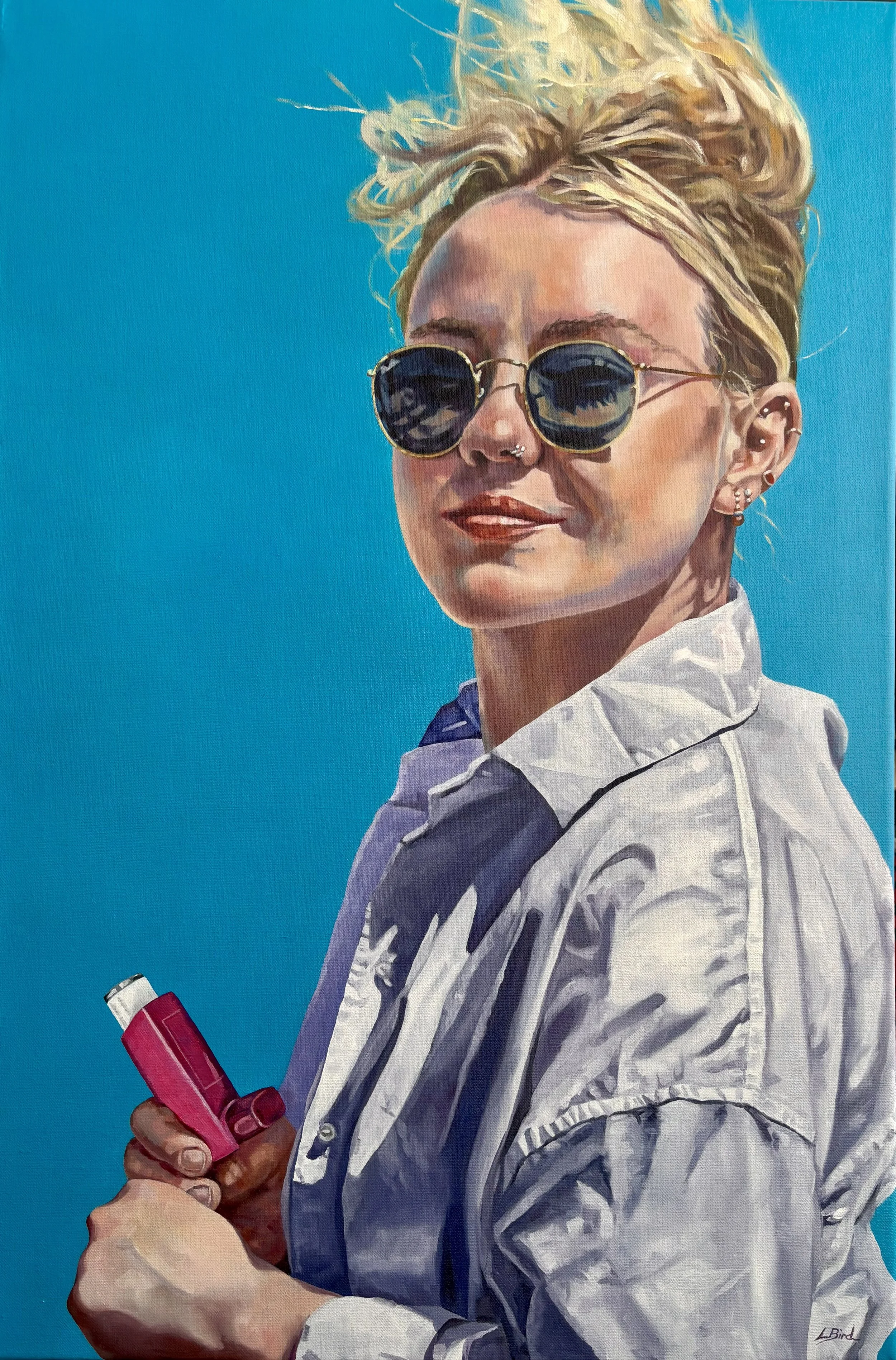 Emily with pink inhaler
Oil on canvas