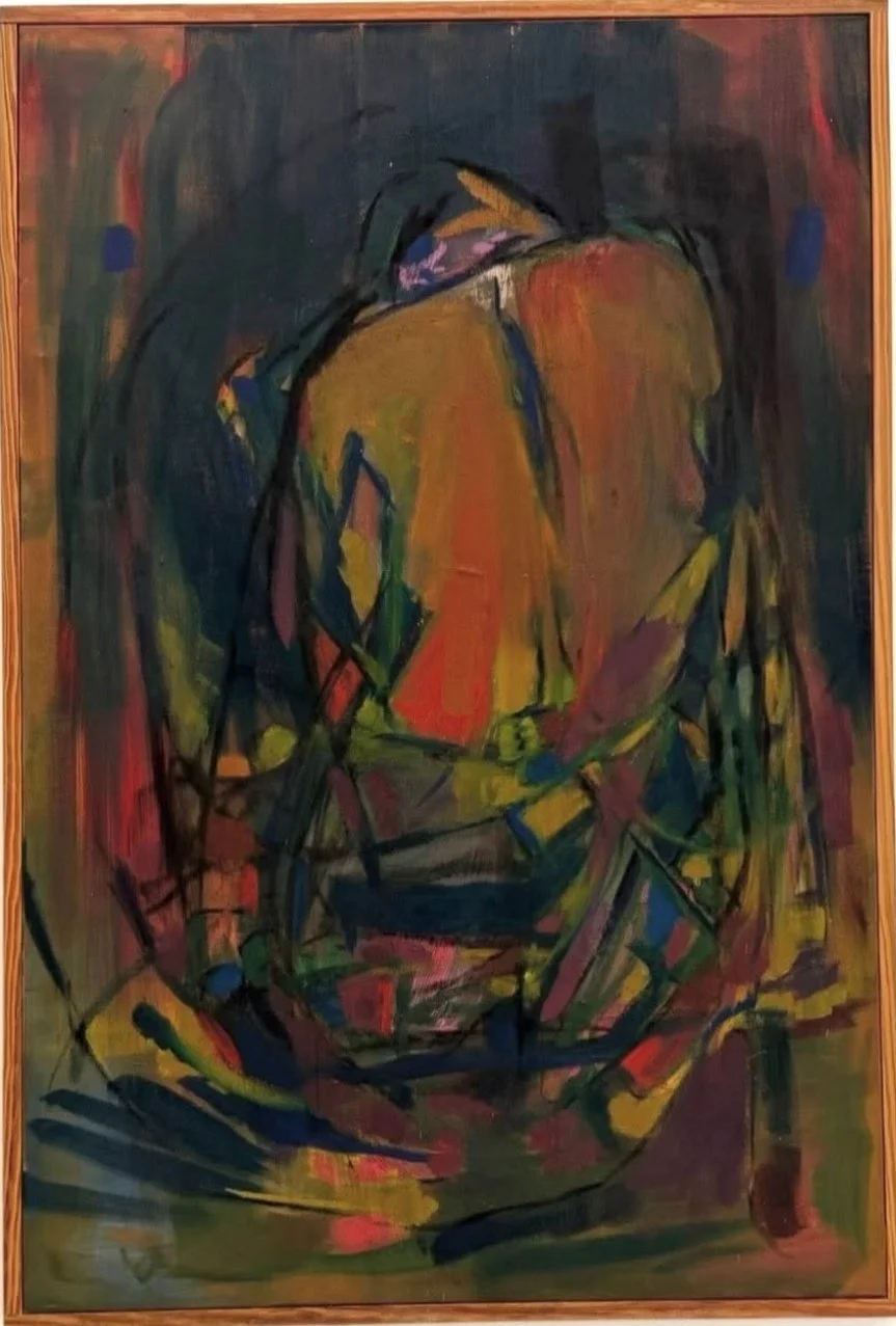 Self Portrait, 2023, oil on canvas, by Eva Zasloff. An abstract figure in orange, ochre and deep blue, in a wood frame.