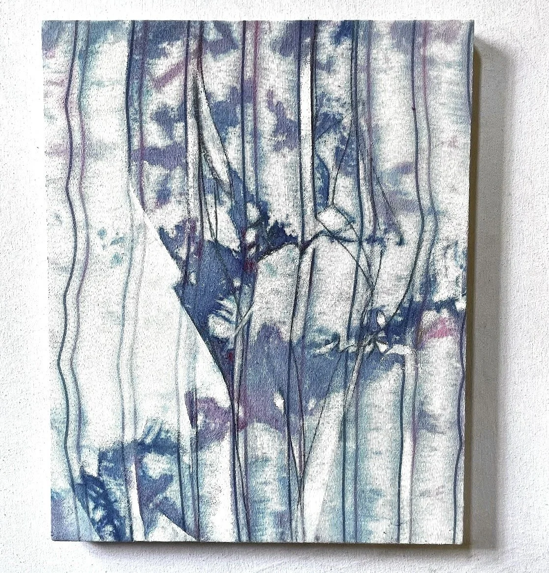 Birth Story series, painting by Eva Zasloff. 2023. Natural and synthetic pigment on stretched hospital receiving blanket, 30 x 34 in.