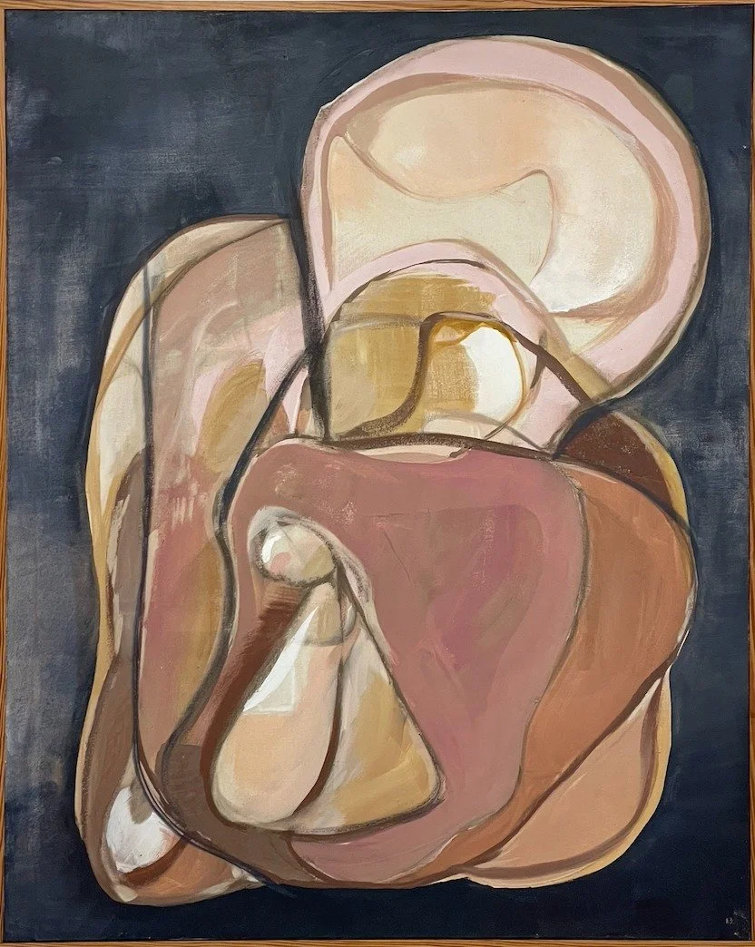 Quiet, 2022, by Eva Zasloff. Abstract painting of a nude woman sitting with legs crossed, in soft pink, beige and brown against a dark background.