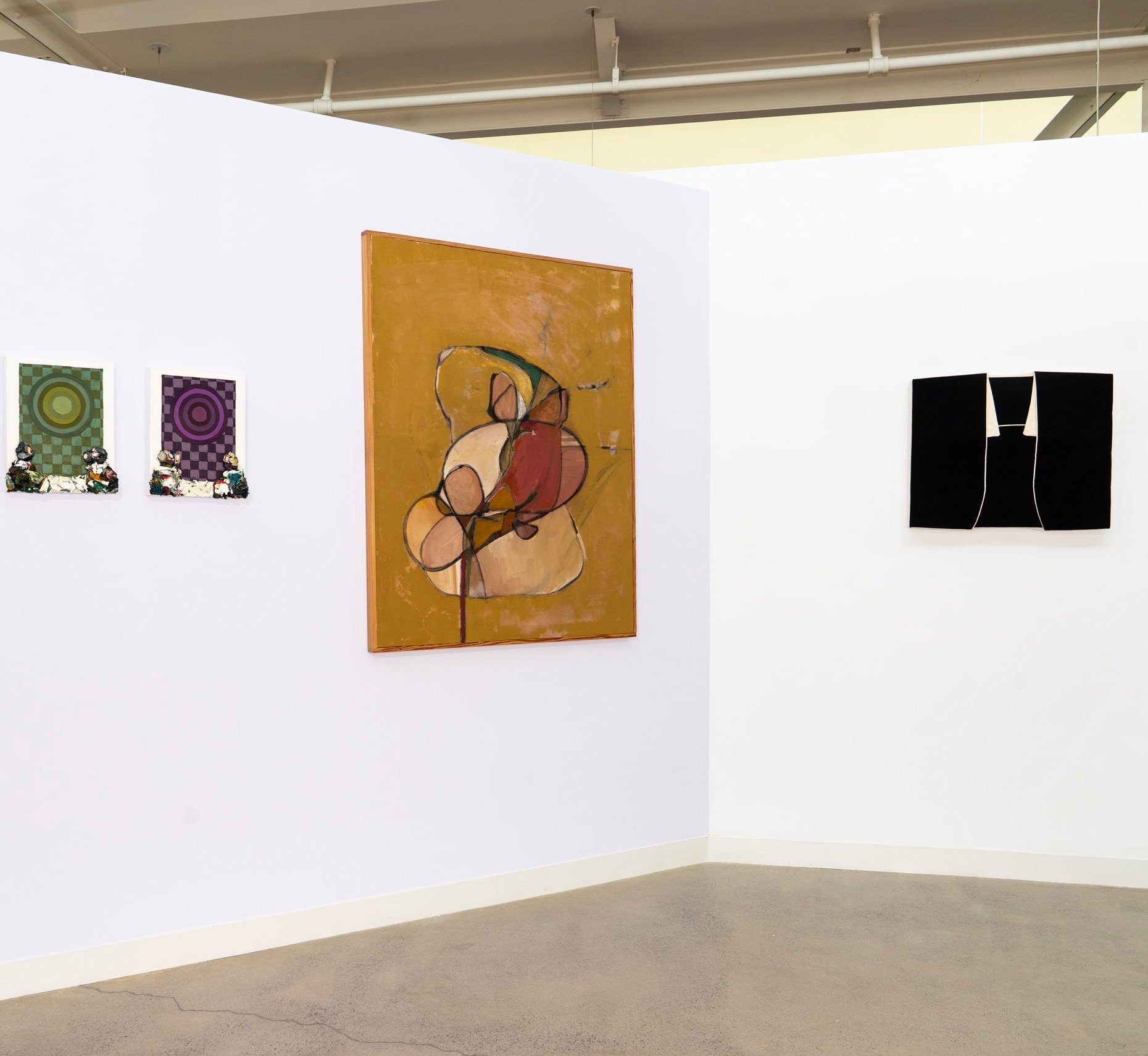 Installation view of A Gathering: Gardens, Portals, Protests at the Kniznick Gallery, Brandeis University, 2025: Like juice from a poppy by Eva Zasloff at center, with work by Lavaughan Jenkins at left and Lu Heintz at right