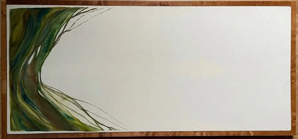 A beginning to a very long story, painting by Eva Zasloff. 2020. Mixed media on canvas, 12 x 40 in.