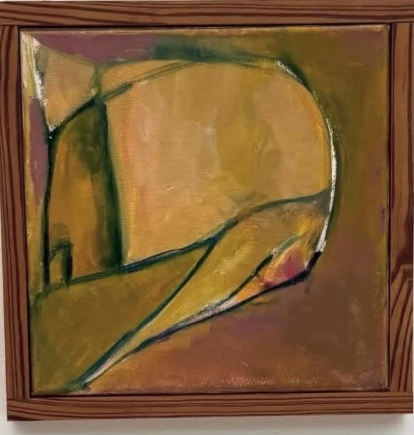 Home, 2025, oil and acrylic on canvas, by Eva Zasloff. A small abstract painting in ochre, gold and mauve with dark green lines, in a wood frame.