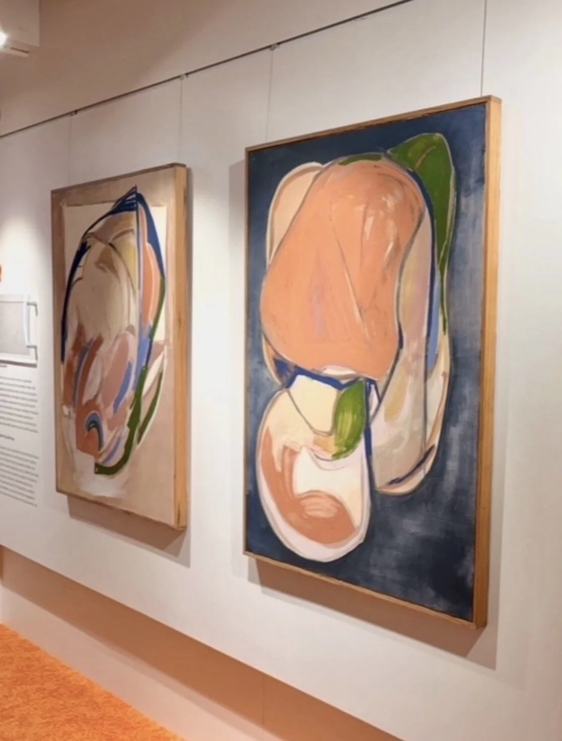 Two paintings by Eva Zasloff hanging in Palingenesis at Gallery 1832, LabCentral, Cambridge, MA: rounded peach and cream forms outlined in blue and green.