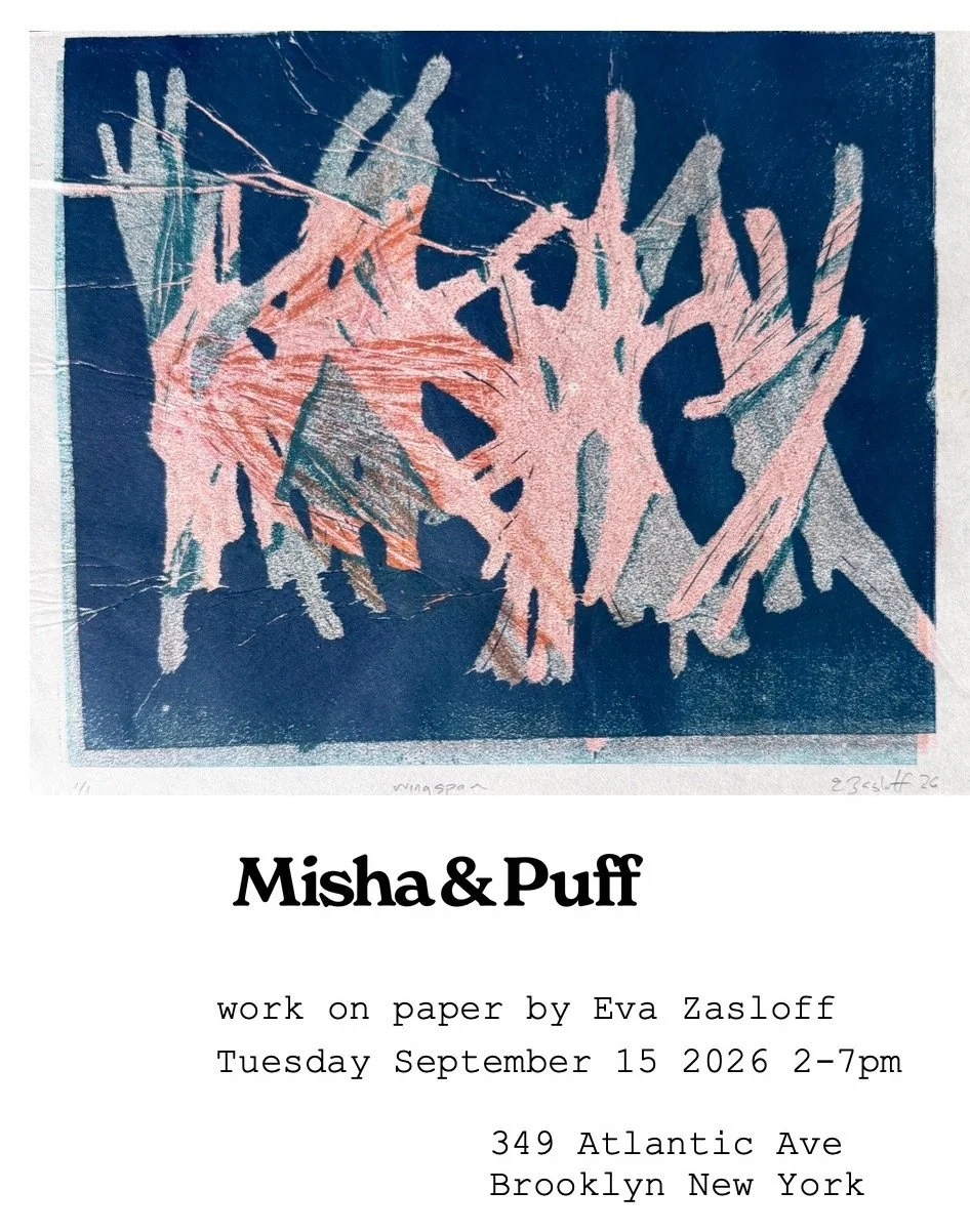 Announcement for Work on Paper by Eva Zasloff at Misha & Puff, 349 Atlantic Ave, Brooklyn, New York, September 15, 2026, showing a pink, grey and deep blue print.