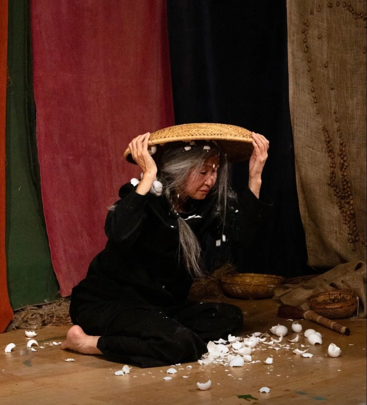 Butoh dancer Mari Osanai performing Anemochory, a dance and visual collaboration with artist Eva Zasloff, at the Barn at Schwamb Mill, Arlington, MA, December 2025