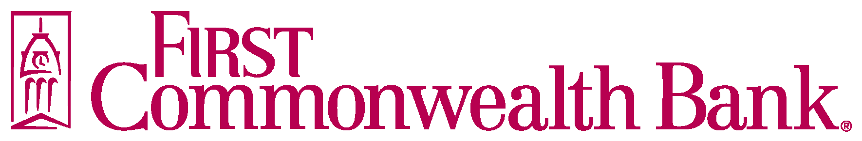 First Commonwealth Bank logo with purple text and a clock tower icon.