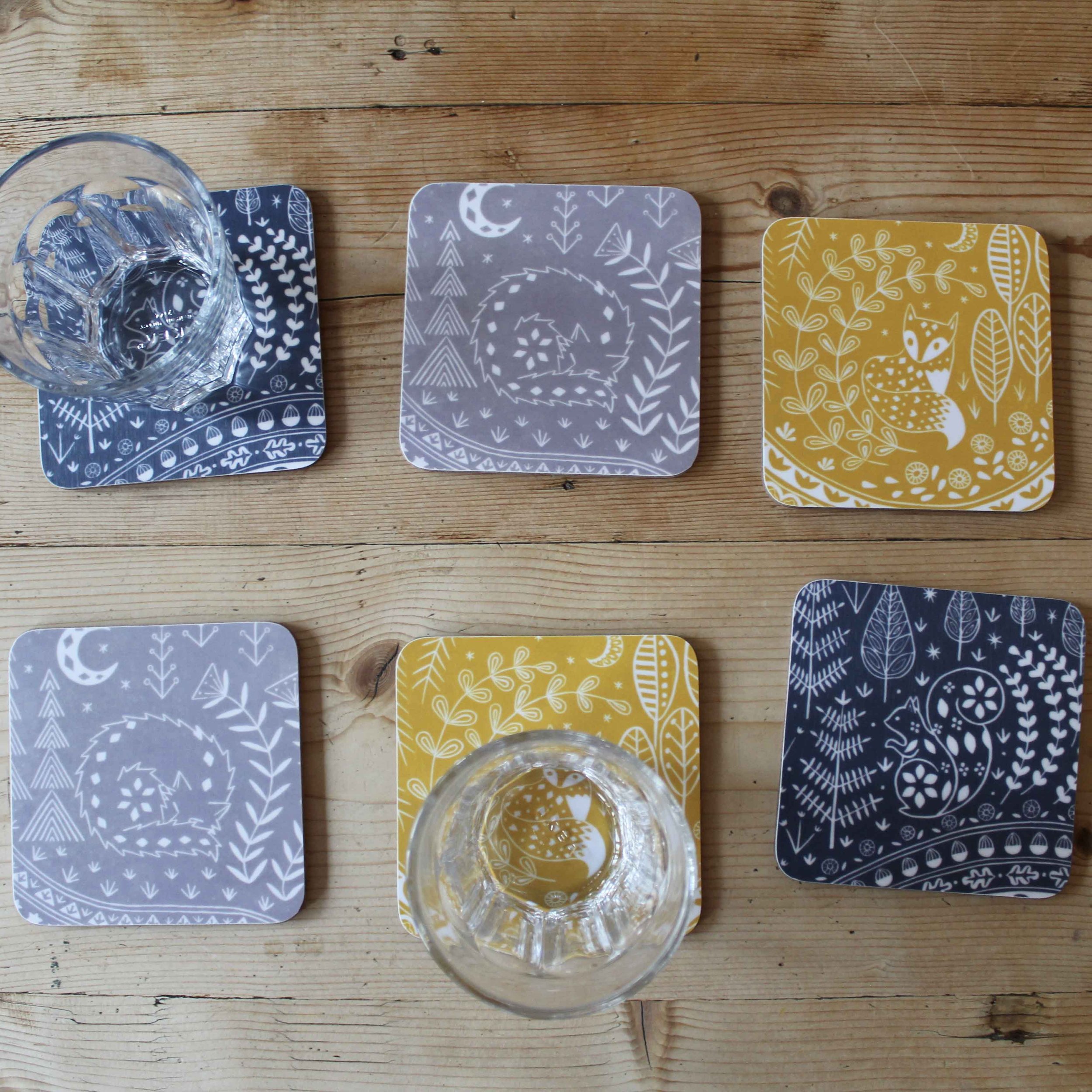 Set of 6 Coasters Featuring Daniel Fox, Connor Wolf and Edward Squirrel