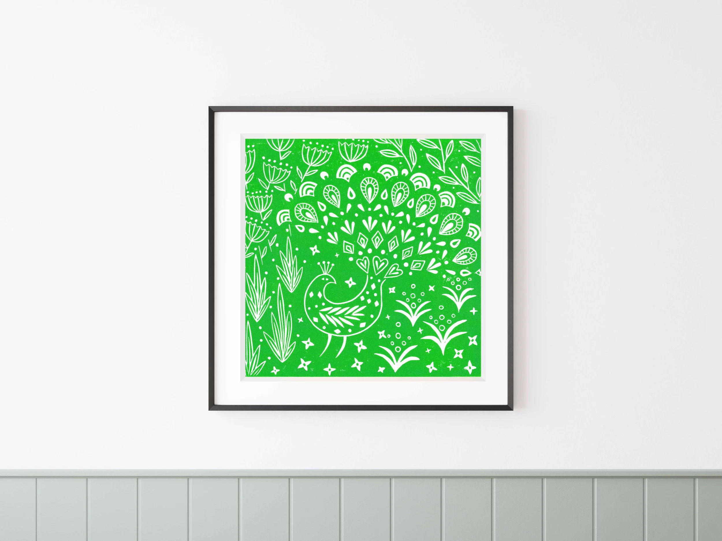 Framed Pearce Peacock in green - Mabel Fox Lino Print.jpg
