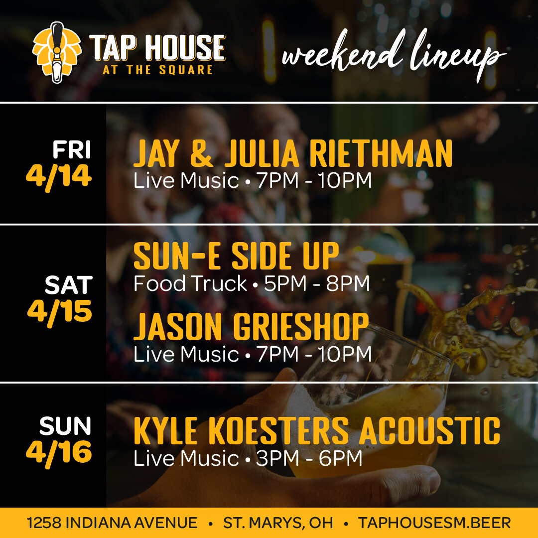 WEEKEND LINEUP!

THUR 4/14 Jay and Julia Riethman Music 7PM-10PM
FRI 4/15 Sun-E Side Up 5PM-8PM | Jason Grieshop 7PM-10PM
SAT 4/16 Kyle Koesters Acoustic 3PM-6PM

#weekendlineup #livemusic #foodtruck