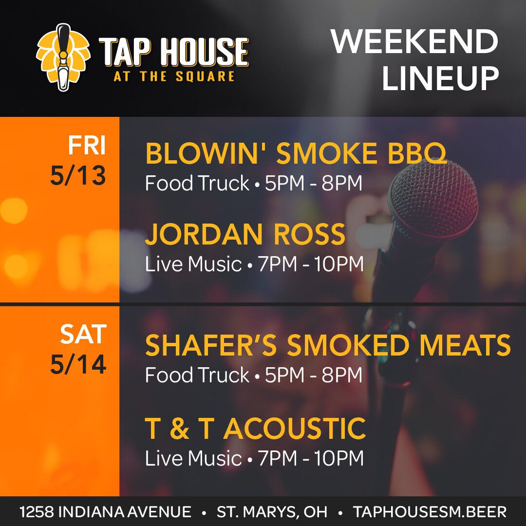 Friday, 5/13: Come by from 5PM - 8PM and grab some mouth-watering BBQ from Blowin&rsquo; Smoke BBQ, and stick around for live music by Jordan Ross Music from 7PM - 10PM.

Saturday, 5/14: Shafer's Smoked Meats  will be serving up their savory eats fro