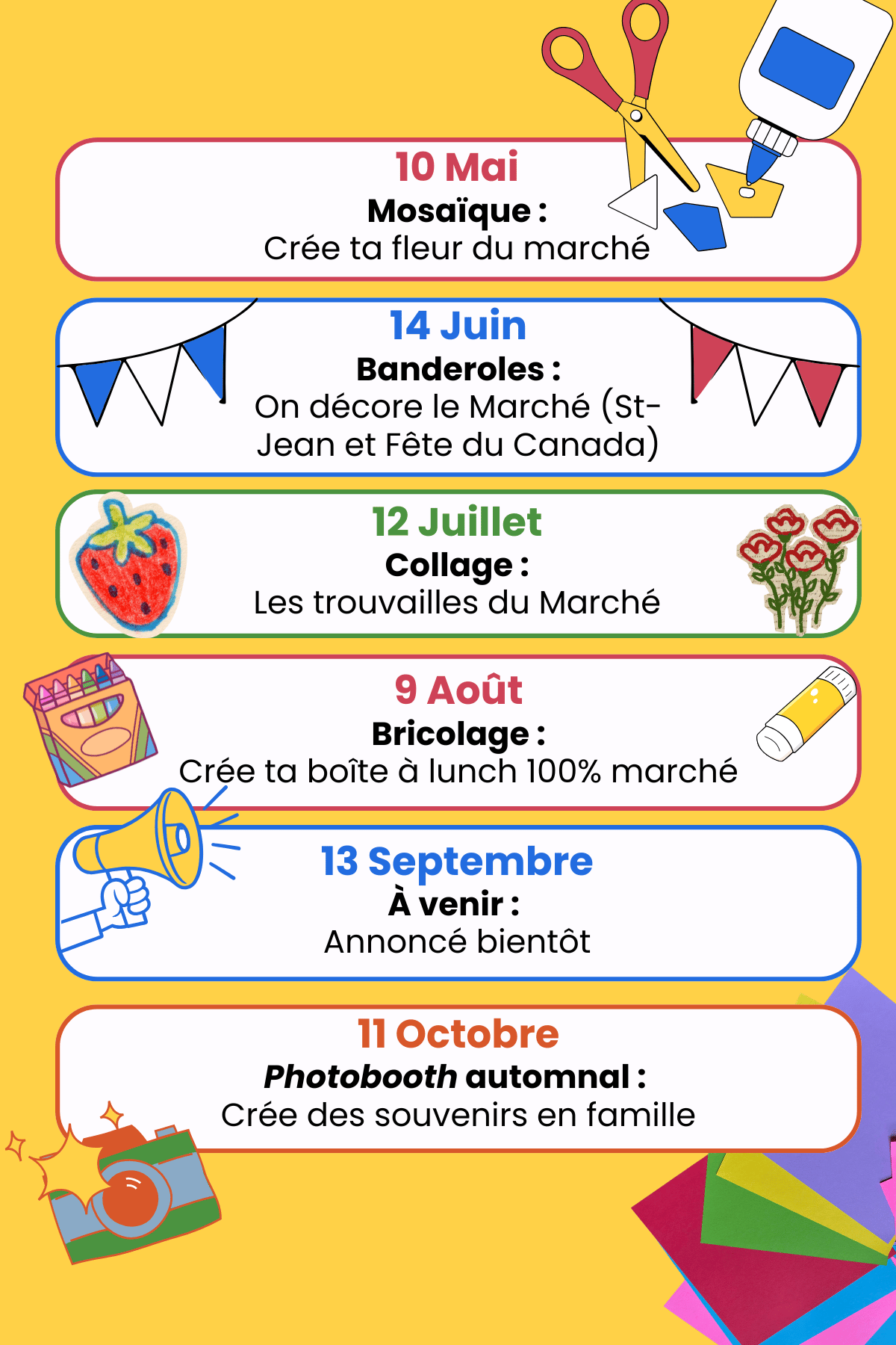 Un calendrier avec des activités pour différentes dates, comprenant création de fleurs en mosaïque, décoration de bannières, collage de fruits, bricolage, annonce prochaine d'un événement, et création de souvenirs en famille lors d'un photobooth automnal.