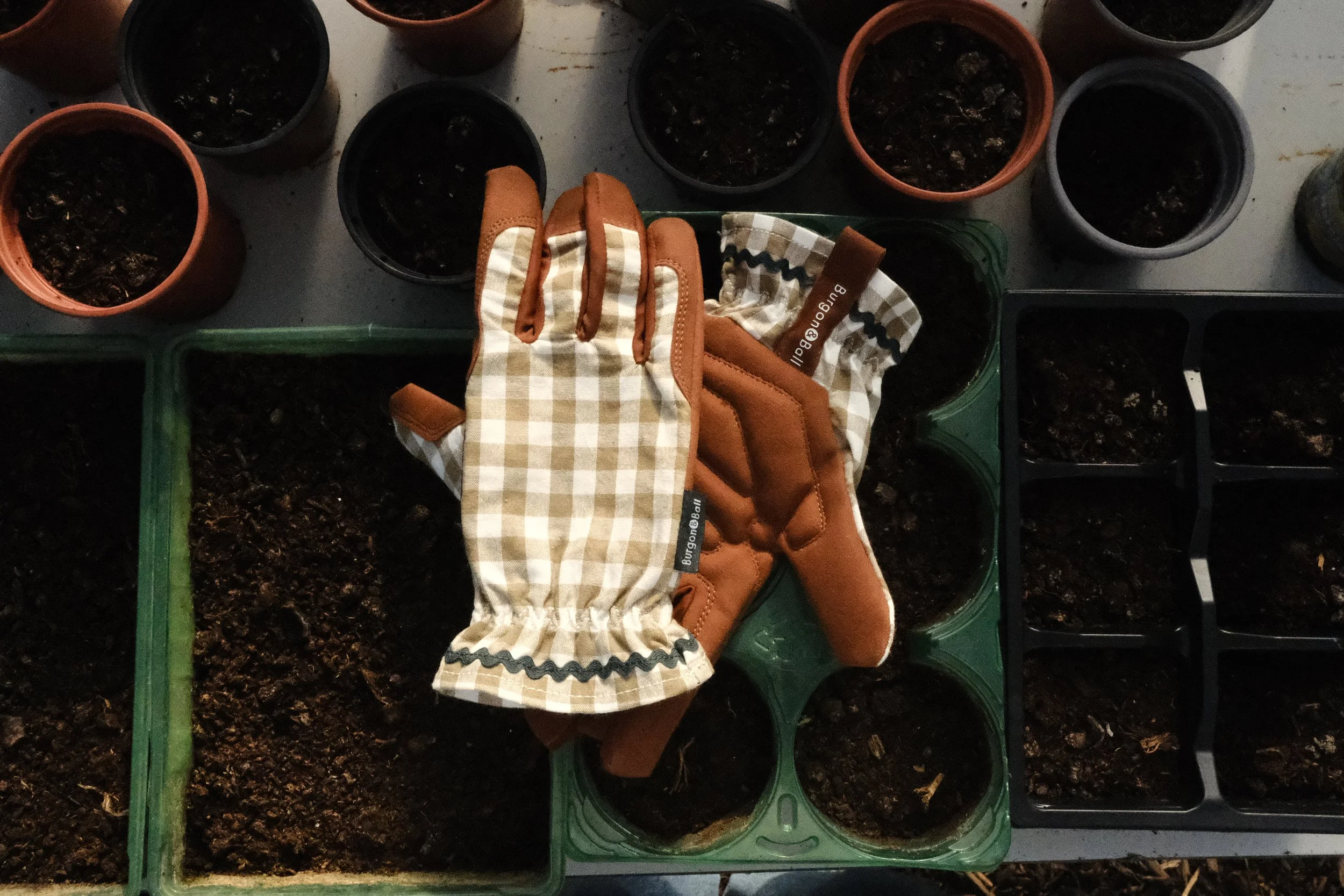 Olive Gingham Gardening Gloves