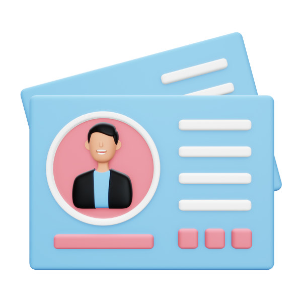 Virtuelle ID-Karten mit Profilbild eines Mannes, gestapelt, in Blau, mit Textlinien und Symbolen
