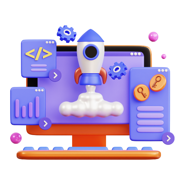 Illustration eines Raketenstarts auf einem Computerbildschirm, umgeben von Software- und Daten-Icons, symbolisiert Softwareentwicklung oder Technologie.