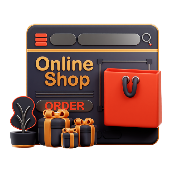 Grafik eines Online-Shops mit einem Computerbildschirm, der den Text 'Online Shop' anzeigt, einem roten 'ORDER'-Button, Einkaufstaschen und Pflanzen als Symbole für Online-Einkäufe.