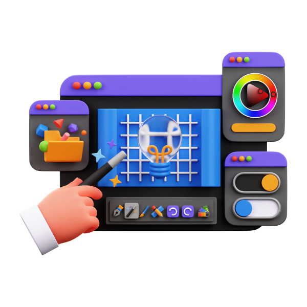 Grafik von einer digitalen Plattform zur Innovation und Kreativität mit einer Hand, die einen Stift hält, einer Glühbirne, die eine Idee symbolisiert, und verschiedenen Symbole für Werkzeuge und Aktionen in einer kreativen Umgebung.