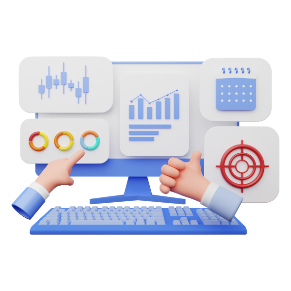 Grafik mit Handgesten, die auf Diagramme, ein Kalender und Zielscheibe auf einem Computerbildschirm zeigen, symbolisiert Datenanalyse und Zielsetzung.