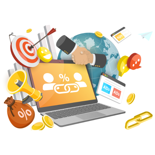 Illustration von Online-Marketing und Digitalwerbung, zeigt Smartphone mit Prozent- und Nutzer-Symbol, Globus, Werbeanzeigen, Münzen, eine Hand schüttelt zwei Hände, und Werbungssymbole.